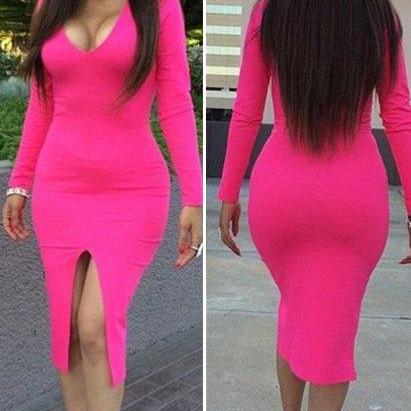 Sexy V Neck Long Sleeves Front Split Rose Red Sheath Knee Length Dress ...